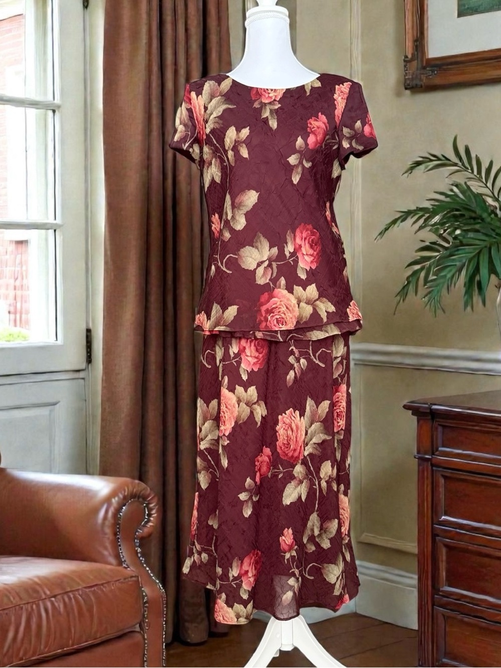 Miss Dorby Vintage Skirt Set Suit Floral Crinkle Blouse Top 2pc 8 M Medium
